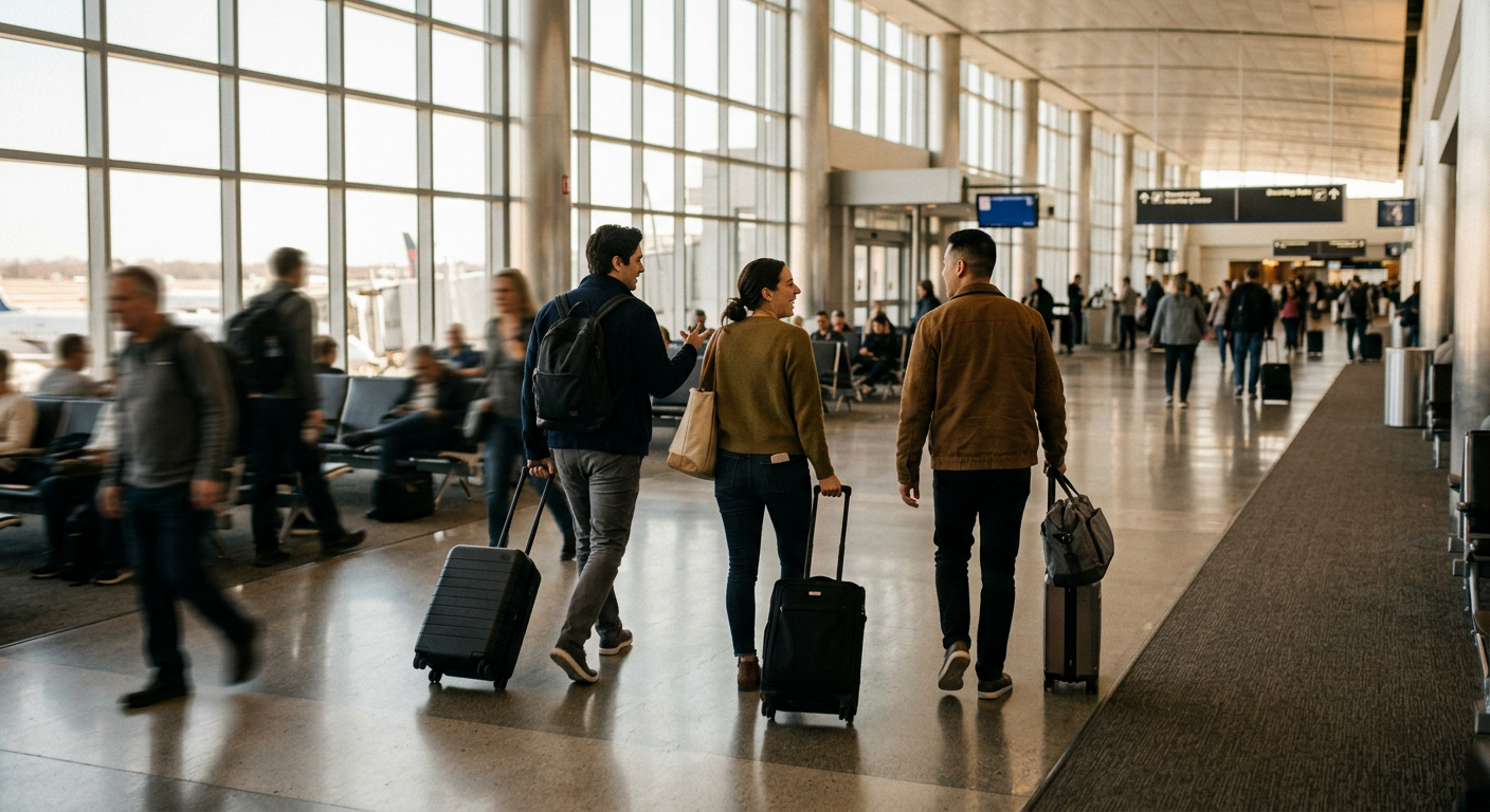 Employees on the way to a team bonding event, walking through airport