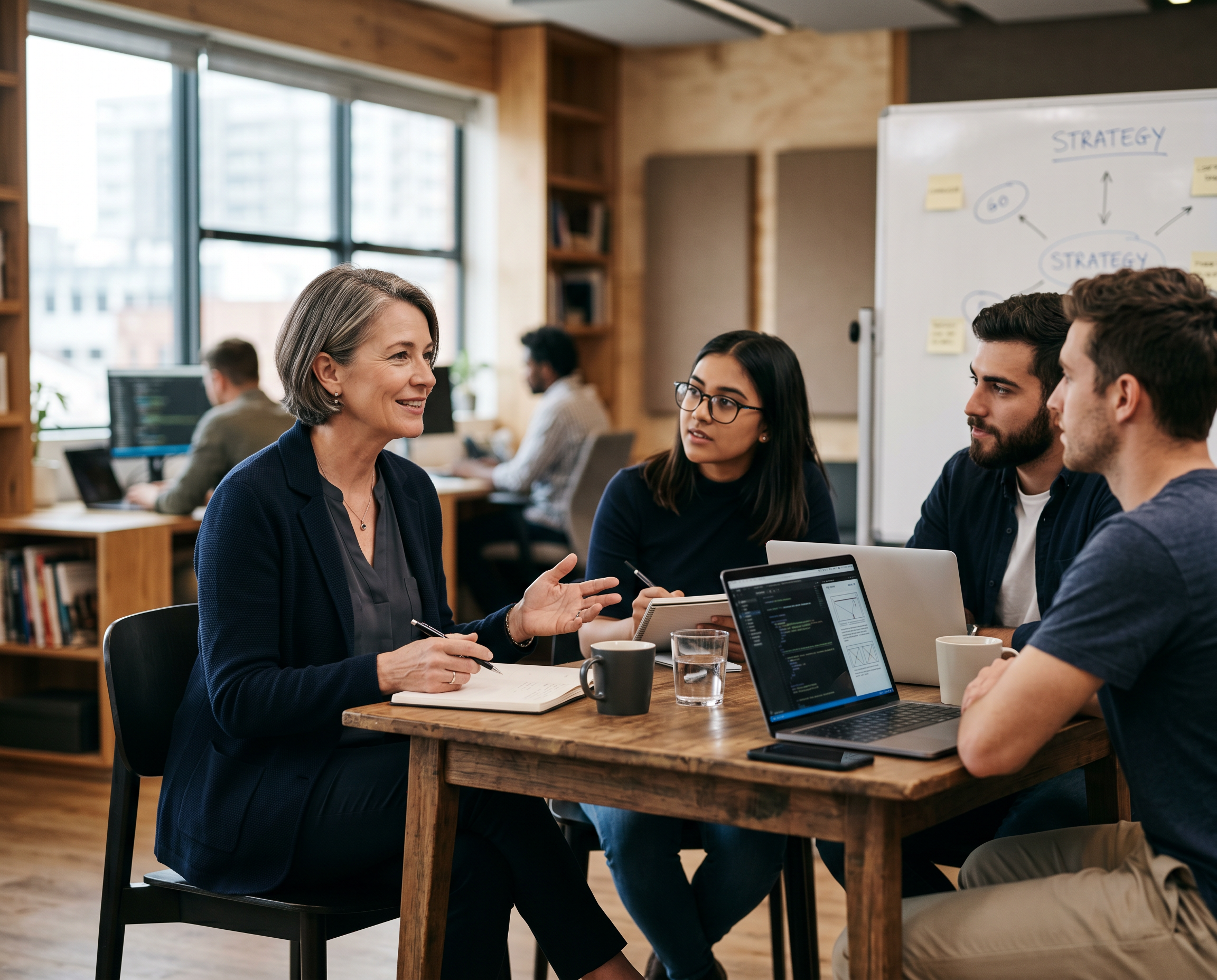 Photorealistic commercial photograph of a seasoned marketing executive seated at a small conference table with a startup tech team, leading a calm and focused strategy conversation.