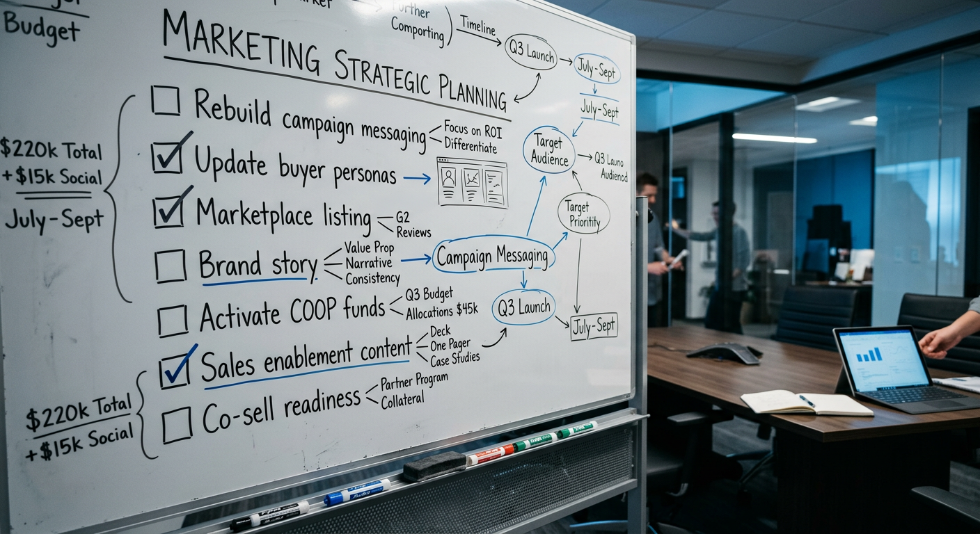 A whiteboard filled with a marketing strategic planning checklist including campaign messaging, buyer personas, Marketplace listing, brand story, COOP fund activation, sales enablement content, and co-sell readiness, with budget notes and a Q3 timeline, in a modern conference room.