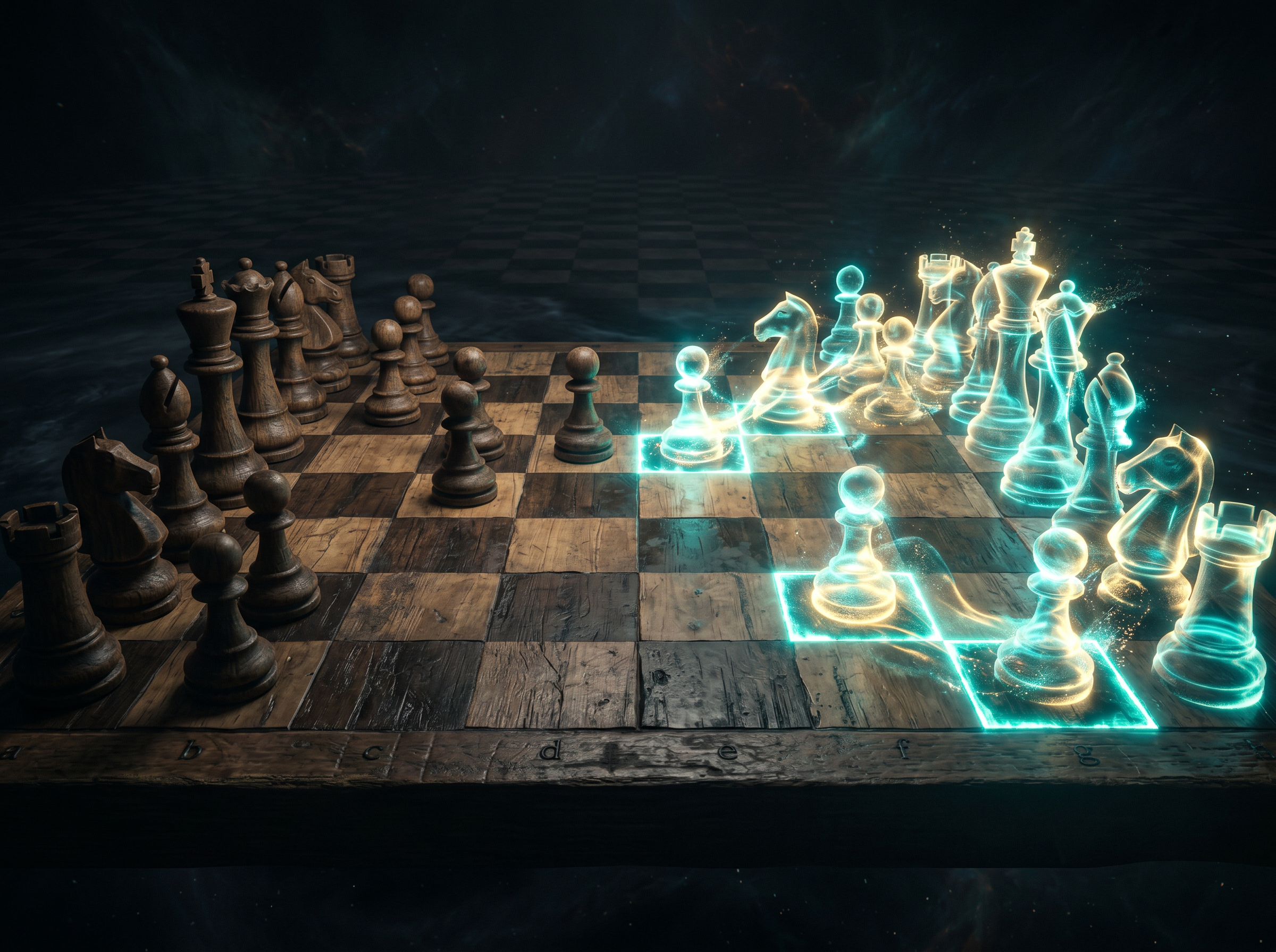 A dramatic low-angle view of a chessboard where traditional carved pieces on one side face luminous, shape-shifting pieces on the other, some squares glowing teal and gold where new moves have been made.