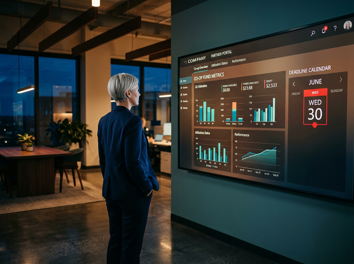 A professional woman with short silver-blonde hair, wearing a navy blazer, stands with her back slightly turned, looking toward a large wall display showing a partner portal with co-op fund metrics, bar charts, and a June 30 deadline calendar