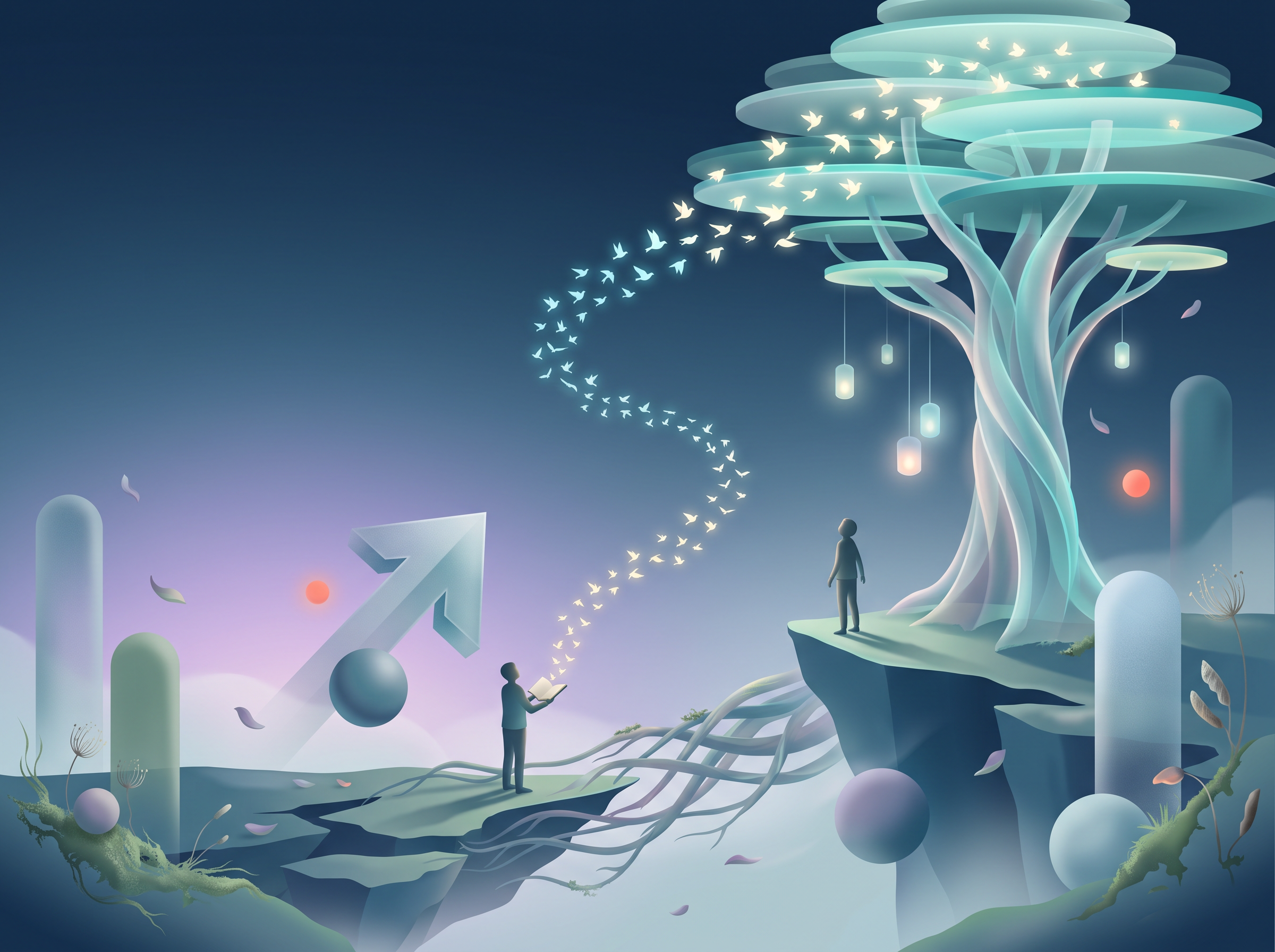Surreal, dreamlike abstract illustration with dimensional depth, soft volumetric light