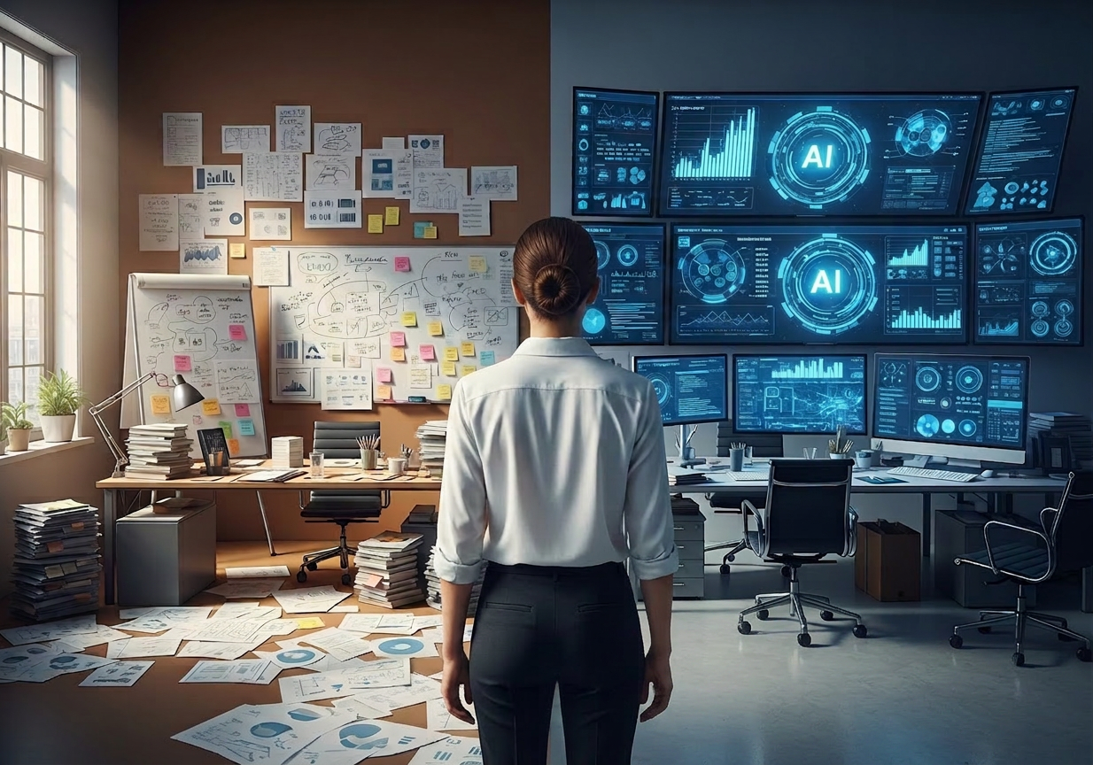 Two adjacent workspaces in the same open office: the left cluttered with printed reports and whiteboards, the right clean and digital with glowing AI dashboards. 