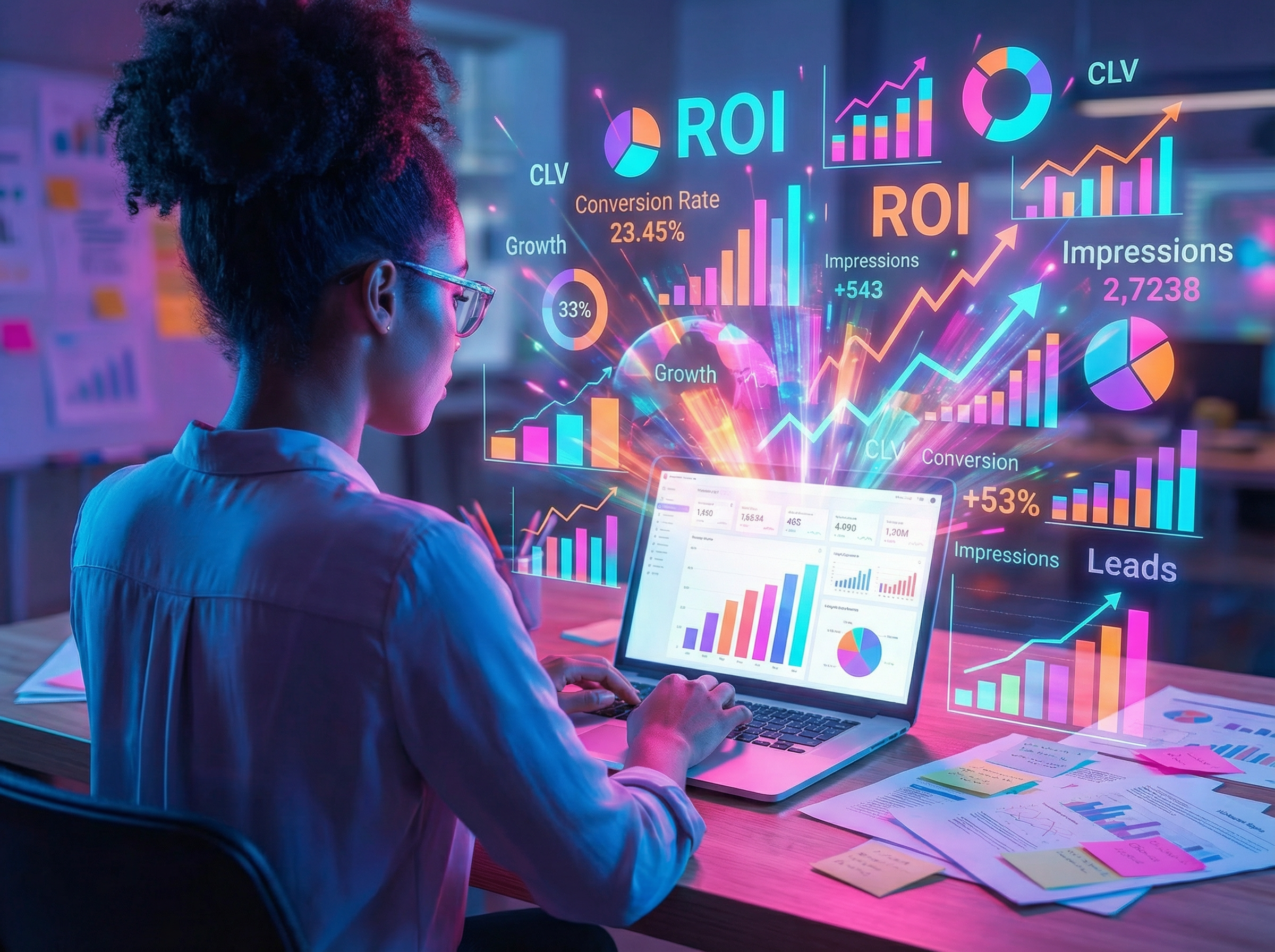 Woman at computer with exploding metrics