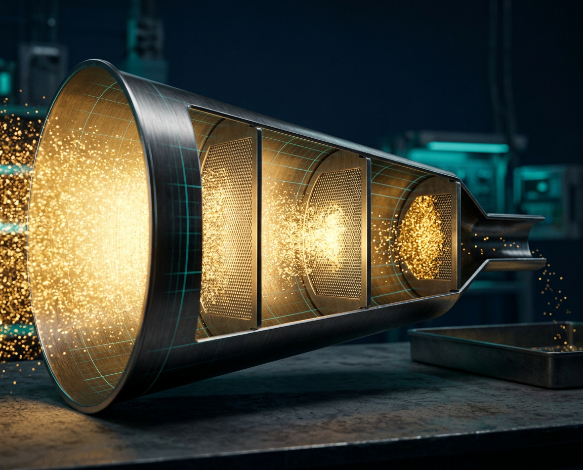 Horizontal metal funnel packed with glowing gold light at the wide end, passing through three mesh screens that block most of it before a thin trickle exits the narrow end.