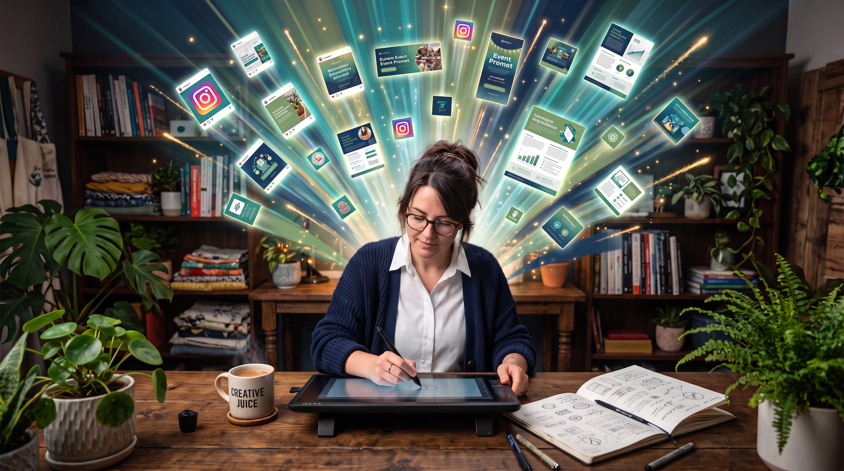 A photorealistic photograph of a woman designer at a wooden desk in a plant-filled creative studio, bookshelves, a sketchbook full of sketches, a mug, sitting mid-focus at a drawing tablet with a stylus.